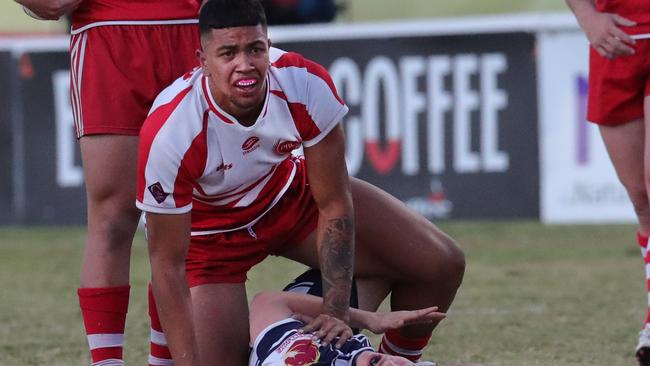 Langer Cup: PBC host St Mary's Toowoomba at Burleigh Bears Rugby League Club at Pizzey Park Miami. Pbc's Xavier Willison and St Marys Joshua Quinlan plead to the ref. Picture Glenn Hampson