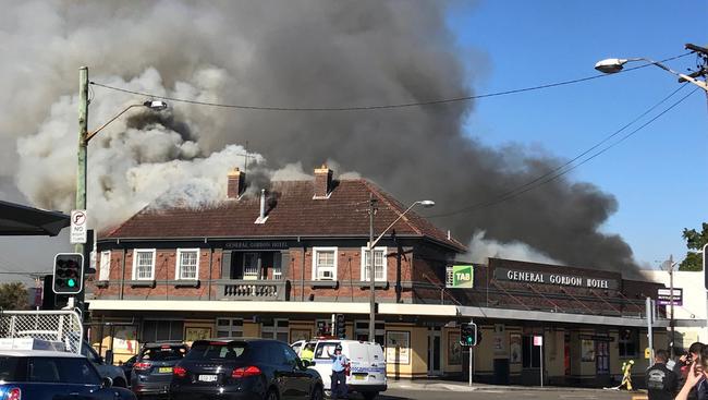 Smoke billows from the General Gordon Hotel in Sydenham. Picture: ABC/Twitter