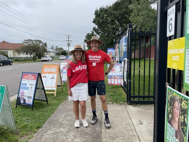 Ward 3 Labor candidate Peta Winney-Baartz and Lord Mayor Nuatali Nelmes's husband Stuart Nelmes at New Lampton South Public School.