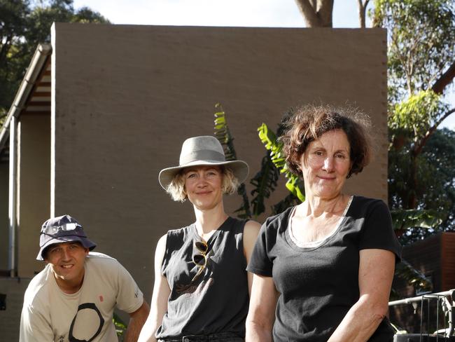 Andrew Chuter, Bek Clayton and Julie Moffat in the Erskineville garden. Picture: Jonathan Ng