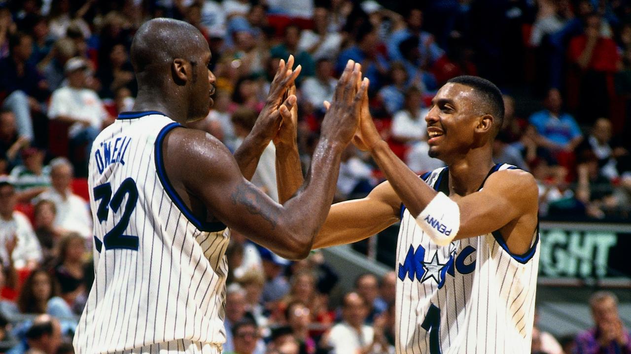 Shaquille O'Neal and Anfernee Hardaway celebrate during a game against the Minnesota Timberwolves in 1995. Picture: Fernando Medina/NBAE via Getty Images