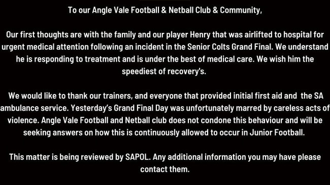 Statement released by the Angle Vale Football Club after one of its players was put in an induced coma. Picture: Angle Vale Football Club