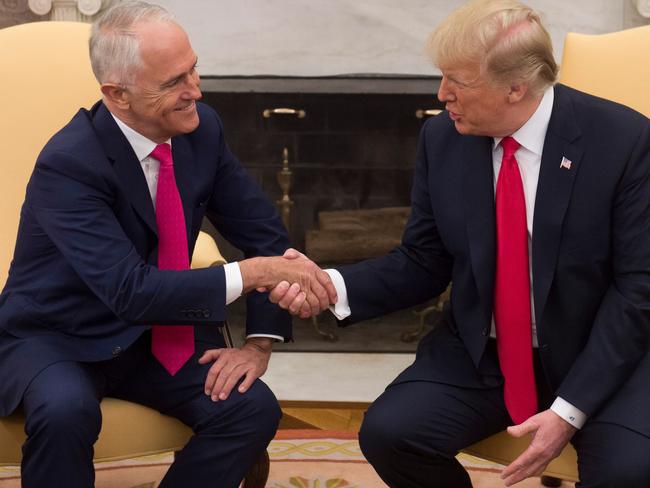 Turnbull and Trump shake hands in the Oval Office. Picture: AFP/Saul Loeb