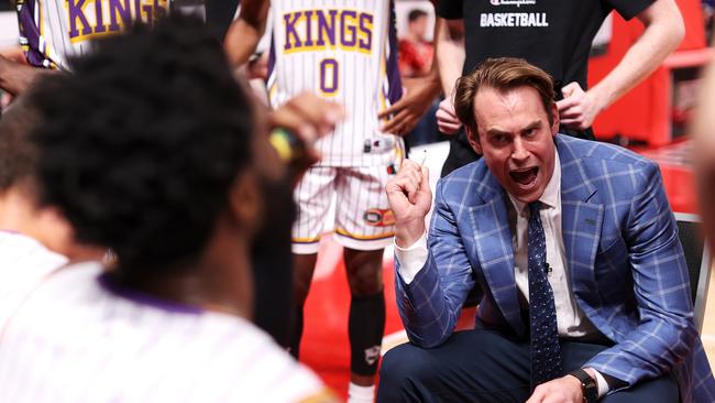 Kings coach Chase Buford lays down the game plan during the round one NBL match at WIN Entertainment Centre, Wollongong. Picture: Getty Images