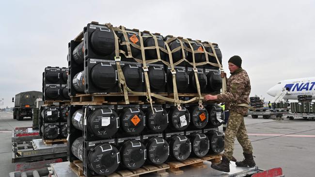 A Ukrainian serviceman is at work to receive the delivery of FGM-148 Javelins, American man-portable antitank missile provided by US to Ukraine as part of a military support.