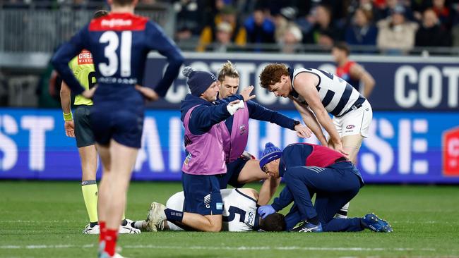 Cameron was taken off in a stretcher. (Photo by Michael Willson/AFL Photos via Getty Images)