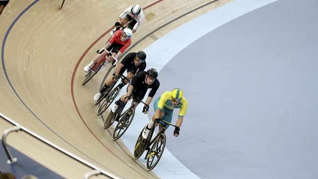 Australia's Cameron Meyer leads the pack during the men's 15km scratch race. Photo: AP