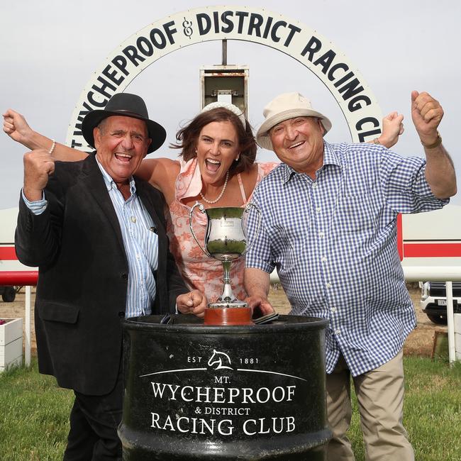 Nationals MP Jade Benham with successful race owners Tony Natale, left, and Charlie Camera, both from Robinvale.