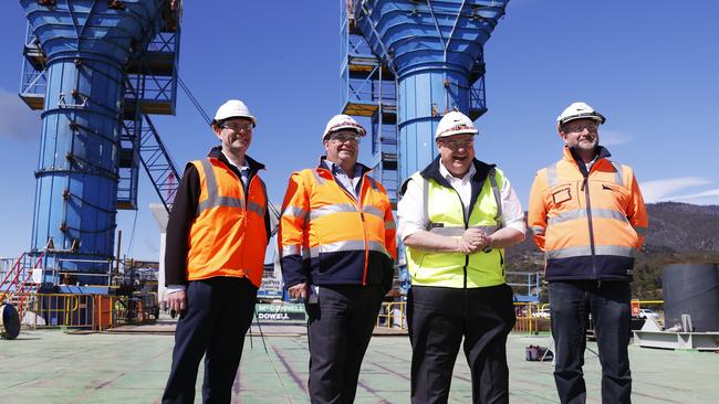 Ben Moloney project manager, Minister Kerry Vincent, Brian Mitchell Labor federal member for Lyons, Peter Fraser McConnell Dowell project director Bridgewater Bridge. New Bridgewater Bridge under construction. Picture: Nikki Davis-Jones