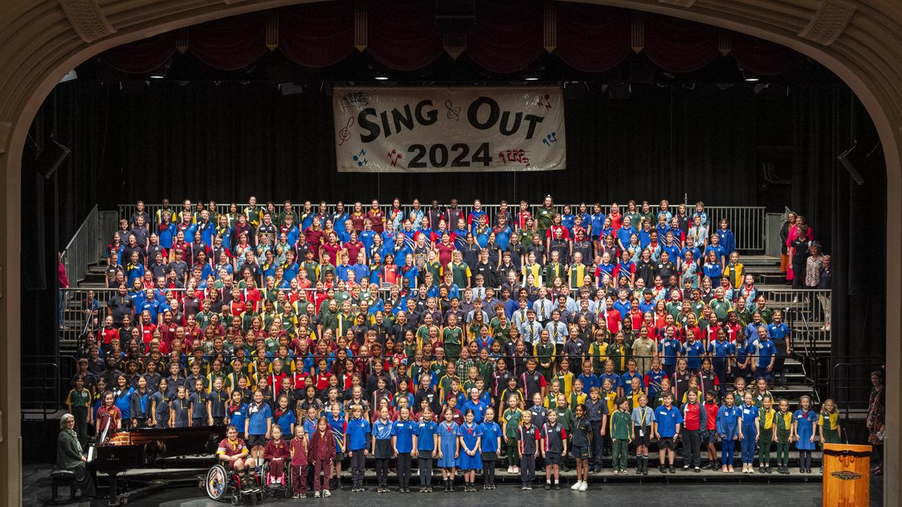 Students from Fairholme College, Rangeville SS, Holy Name, Highfields SS, Geham SS, Newtown SS, Gowrie Junction SS, St Marys College, Darling Heights SS, Harristown SS, Kingsthorpe SS, Toowoomba GrammarSchool and Concordia on stage for day two of Sing Out 2024 massed choir at The Empire, Wednesday, June 5, 2024. Picture: Kevin Farmer