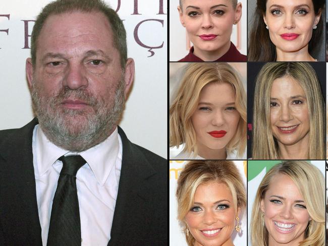 Harvey Weinstein (L) and some of the women who have accused him of sexual assault including, Rose McGowan, Angelina Jolie, Lea Seydoux, Mira Sorvino, television reporter Lauren Sivan and US actress Jessica Barth. Picture: AFP