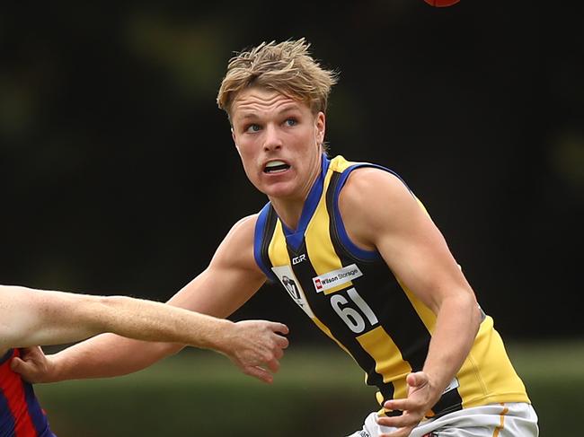 MELBOURNE, AUSTRALIA - APRIL 24: Anthony Anastasio of Port Melbourne and Tyson Milne of Sandringham compete for the ball during the round two VFL match between Port Melbourne and Sandringham at ETU Stadium on April 24, 2021 in Melbourne, Australia. (Photo by Mike Owen/AFL Photos/via Getty Images)