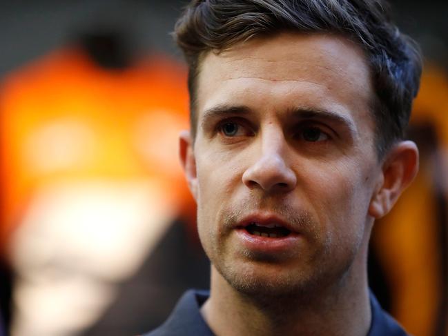 MELBOURNE, AUSTRALIA - OCTOBER 25: New Giants recruit Brett Deledio speaks to the media during a GWS Giants press conference at AFL House on October 25, 2016 in Melbourne, Australia. (Photo by Michael Willson/AFL Media/Getty Images)