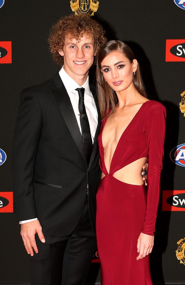 Chris Mayne of Fremantle and partner Britt Nicholls arrive on the red carpet for the 2015 AFL Brownlow Medal presentation held at Crown Casino on Monday, September 28, 2015, in Melbourne, Victoria, Australia. Picture: Tim Carrafa