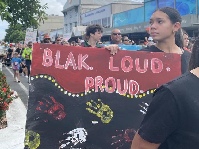 NAIDOC Week in Cairns kicked off with a street march on July 5 with chants of “loud and proud, black and strong, fire burns, all day long”. Picture: Bronwyn Farr