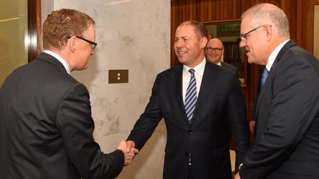 Prime Minister Scott Morrison and Treasurer Josh Frydenberg meet with the RBA Governor Philip Lowe at the Reserve Bank of Australia in Sydney. Picture: AAP