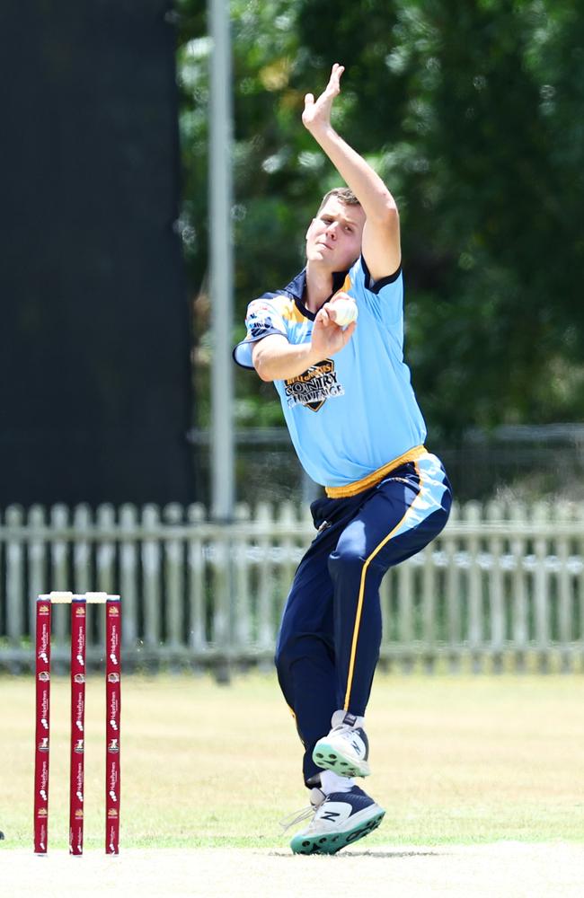 Seth McGinty bowls in the Queensland Country Cricket Bulls Masters. Picture: Brendan Radke