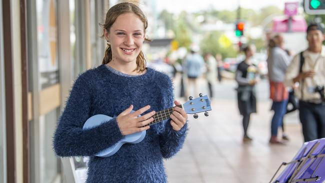 12-year-old Adele Adams performs in the 2021 Toowoomba Busking Festival. Picture: Nev Madsen