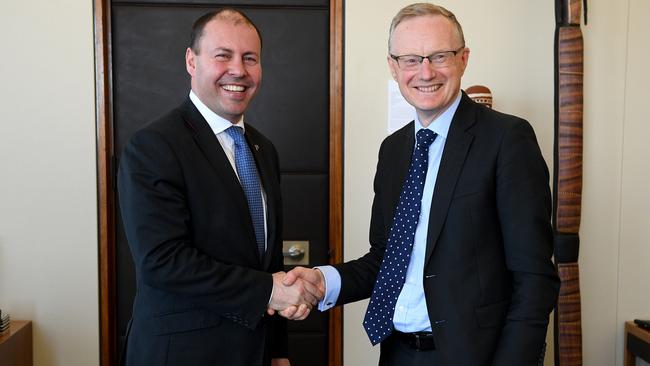 Treasurer Josh Frydenberg meets with Reserve Bank Governor Philip Lowe, at the RBA offices in Sydney, Wednesday, August 29, 2018. Picture: AAP