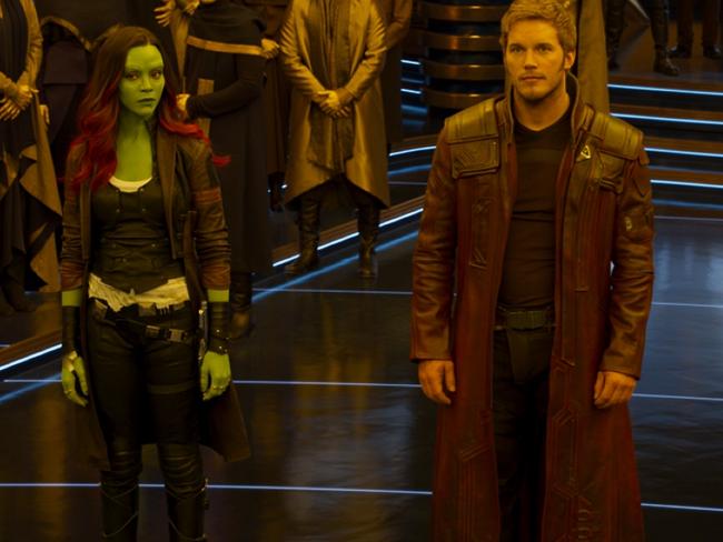 Gamora (Zoe Saldana) with Star-Lord/Peter Quill (Chris Pratt).