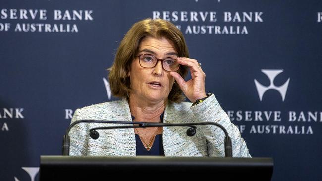 Michele Bullock at a news conference following the rates decision on Tuesday. Picture: NCA NewsWire / Dylan Coker