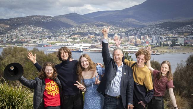 Committee for Greater Hobart student participants from Hobart College with CEO Danny Sutton, (L-R) Oscar Wadsley, Konan Masuda, Jaxi Peach, Sam Eccleston and Aisha Bissett at Rosny Hill Lookout. Picture: Chris Kidd