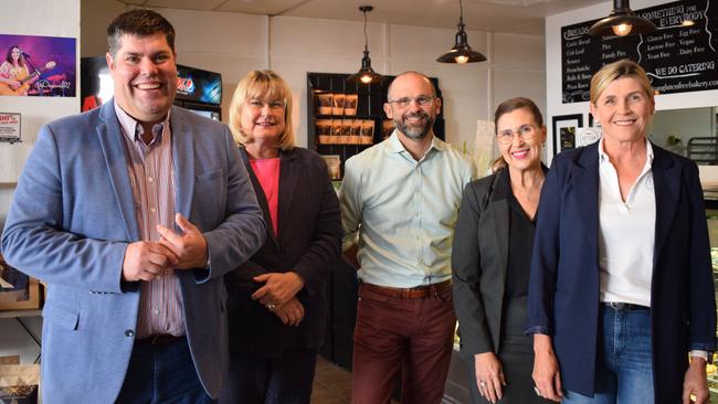 Shadow Minister for Small Business Brent Mickelberg, Shadow Minister for Local Government Ann Leahy, Shadow Treasurer David Janetzki, LNP candidate for Rockhampton Donna Kirkland and Artizan Gluten Free Bakery owner Simone Lawrie. Picture: Aden Stokes