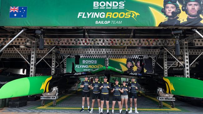 Australia's SailGP team, the Bonds Flying Roos, show off their new title sponsor. Photo Supplied/SailGP.