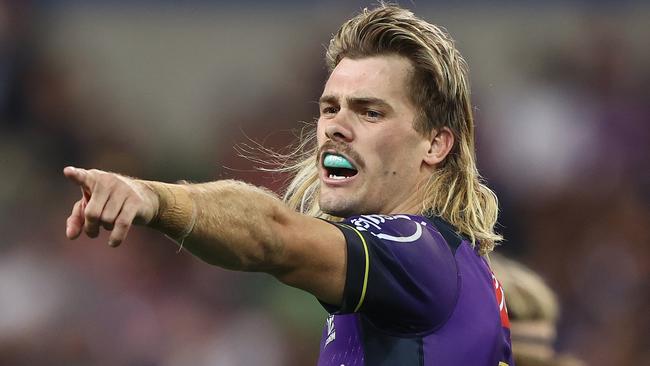 MELBOURNE, AUSTRALIA - APRIL 16: Ryan Papenhuyzen of the Storm gestures during the round six NRL match between the Melbourne Storm and the Cronulla Sharks at AAMI Park, on April 16, 2022, in Melbourne, Australia. (Photo by Robert Cianflone/Getty Images)