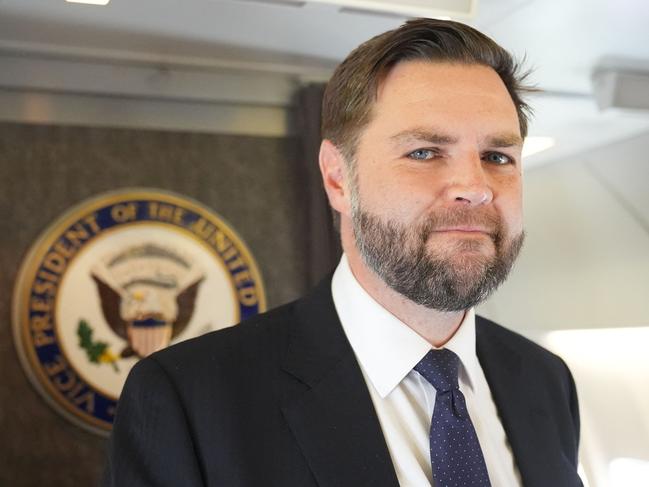 US Vice President JD Vance talks to reporters on board of the Air Force Two at Leonardo da Vinci International Airport, in Rome, on May 19, 2025, after attending the inauguration of Pope Leo XIV at the Vatican. Picture: AFP