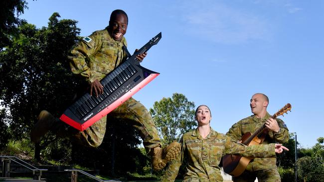 Lance Corporal Nii Anang, Lance Corporal Telle Anderson and Corporal Jake Curro will be part of the 1RAR Band catching the Sunset Vibes at Jezzine Barracks this Friday evening. Picture: Evan Morgan
