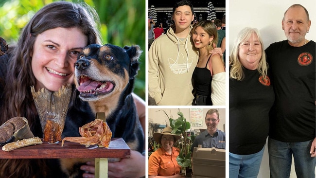 Clockwise from left – Merridy Williamson with Narla the kelpie, Bakmi Lim store owners Michelle Lai and Jun Yong, Jan and Garry Arden and brother and sister Alison and Peter Heidenreich.