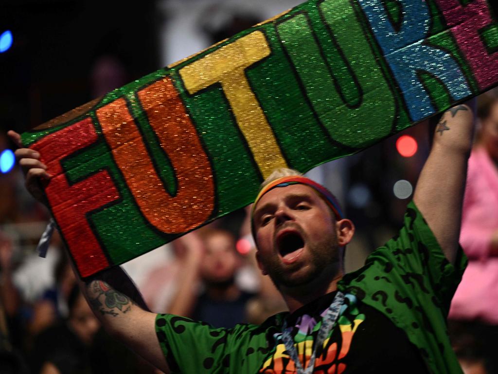 A supporter of US Vice President Kamala Harris holds a sign before she speaks in Philadelphia. Picture: AFP