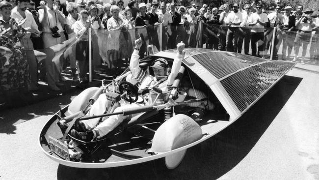 John Harvey in the General Motors solar car Sunraycer at Adelaide Oval, after winning the World Solar Challenge in 1987.