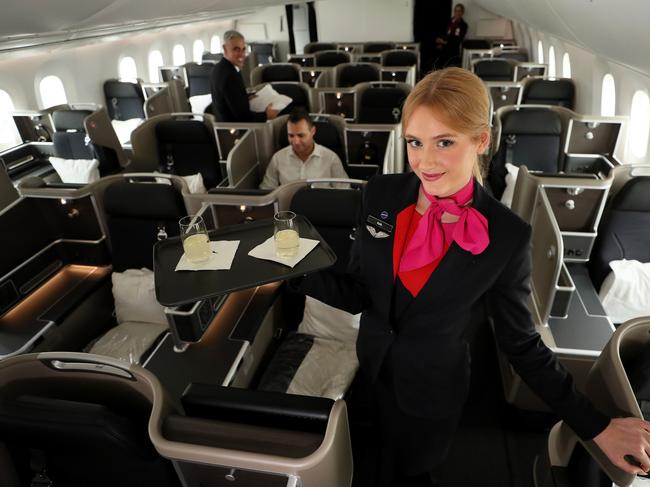 22/03/2018Kath Slater and John Spoto both cabin crew in business class of the Qantas dreamliner. It's the first nonstop flight from Perth to Londonpic Colin Murty The Australian