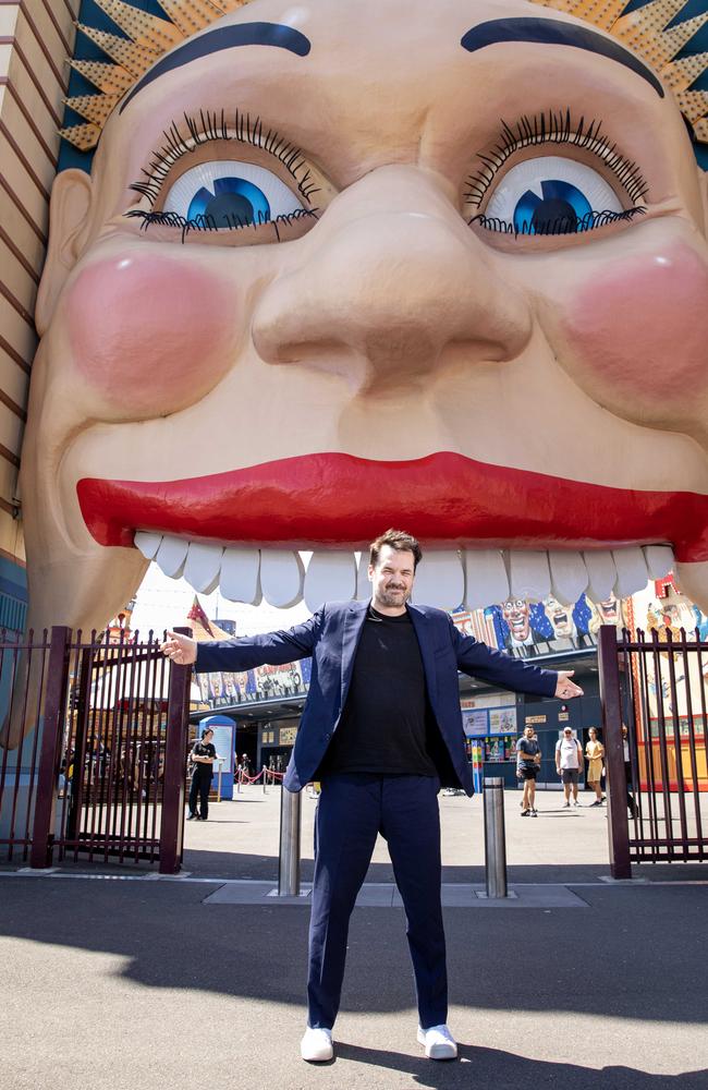 Australian comedian Jim Jefferies performing at Luna Park in 2023. Photo: Jeff Williamson.