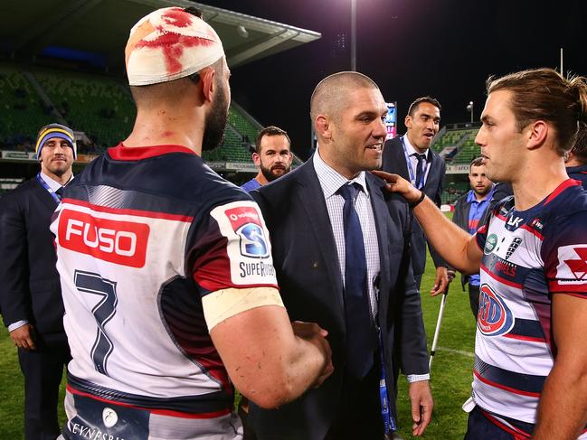 PERTH, AUSTRALIA - JULY 07: Matt Hodgson of the Force talks with Colby Fainga'a and Ben Meehan of the Rebels during the round 16 Super Rugby match between the Force and the Rebels at nib Stadium on July 7, 2017 in Perth, Australia.  (Photo by Paul Kane/Getty Images)