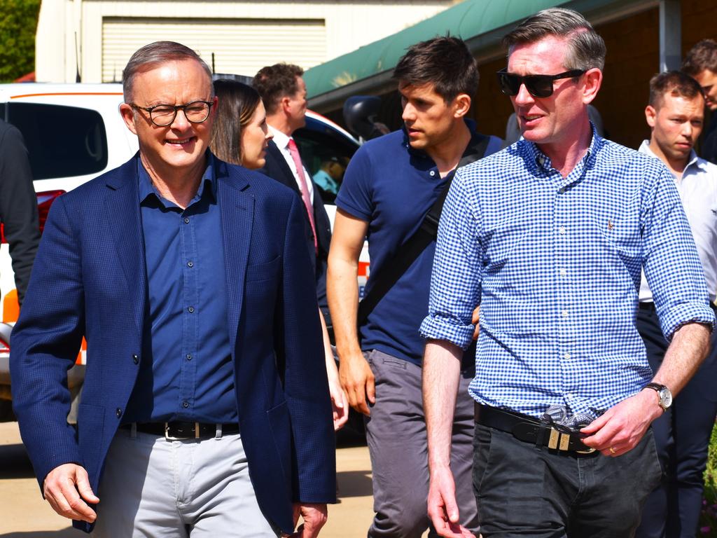 PM Anthony Albanese and Premier Dominic Perrottet tour of flood affected areas in Forbes on Monday. Picture: AAP