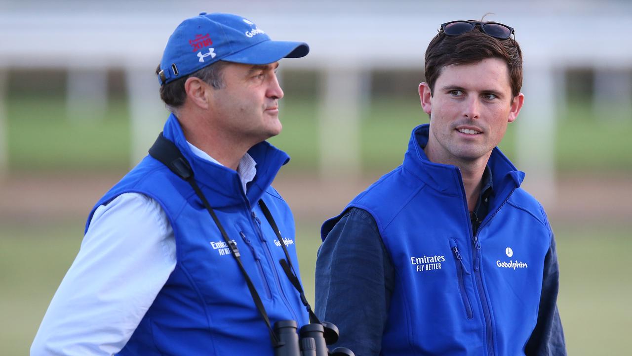 SYDNEY, AUSTRALIA - OCTOBER 17: James Cummings and Vin Cox during a Godolphin Trackwork Session & Media Opportunity at Osborne Park on October 17, 2019 in Sydney, Australia. (Photo by Jason McCawley/Getty Images)