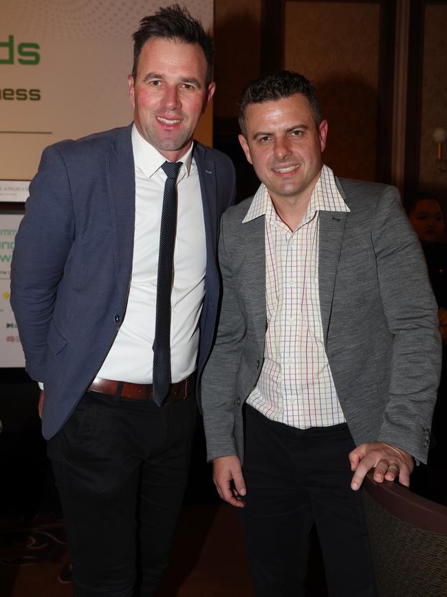 MELBOURNE, AUSTRALIA – MAY 28 2024 Nick Clare and George Maraitis at the CommBank Young Hero Awards held at the Langham Hotel in Melbourne. Picture: Brendan Beckett