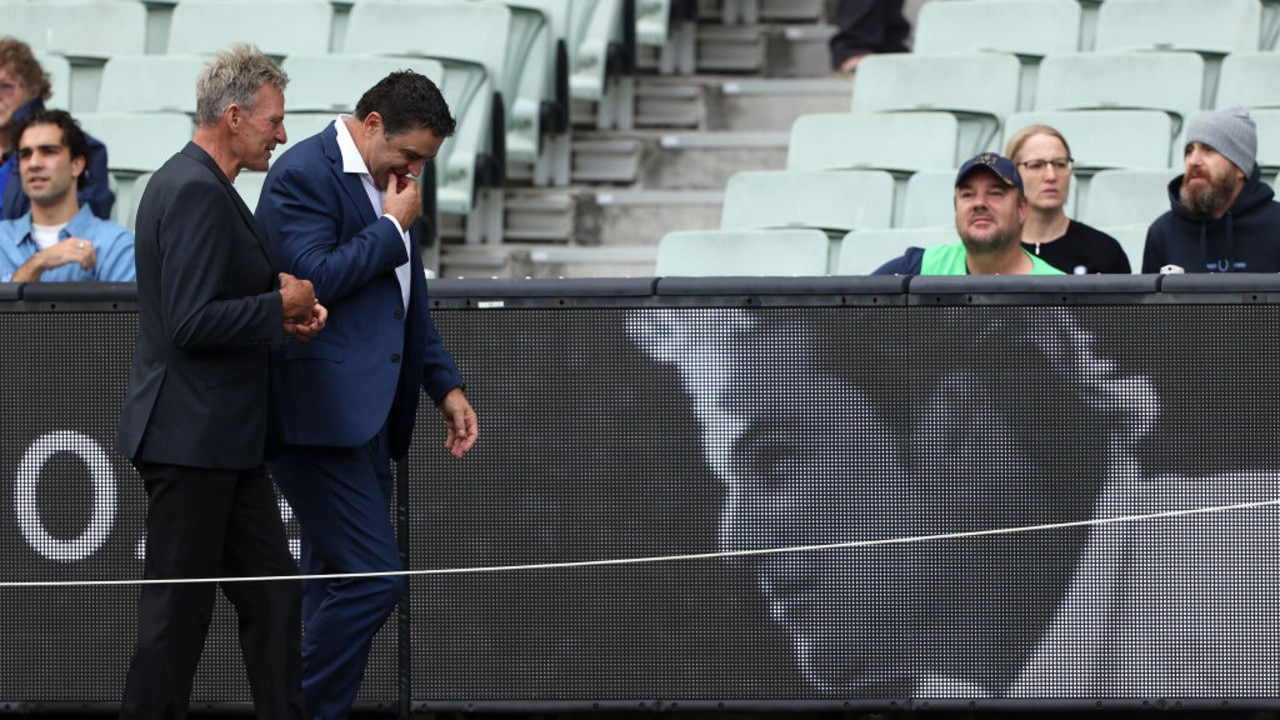 MELBOURNE, AUSTRALIA - MARCH 30: Former AFL players Garry Lyon (R) and Sam Newman attend the state memorial service for former Australian cricketer Shane Warne at the Melbourne Cricket Ground on March 30, 2022 in Melbourne, Australia. Warne died suddenly aged 52 on Friday 4 March while on holiday in Thailand. (Photo by Robert Cianflone/Getty Images)