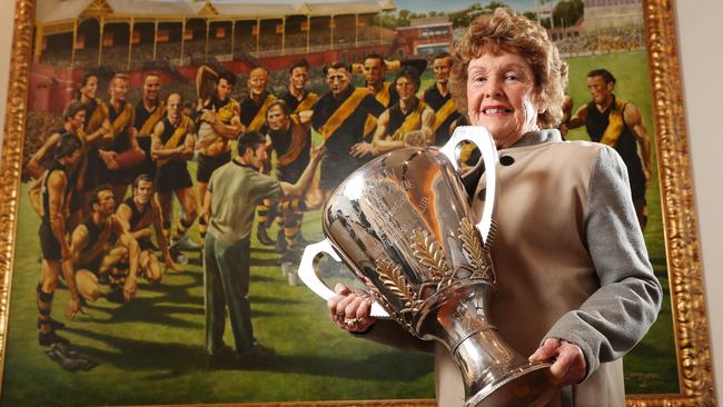 Maureen Hafey, the wife of the late Tommy Hafey will present the Premiership Cup to Richmond should they win the Grand Final on Saturday. Picture: Michael Klein