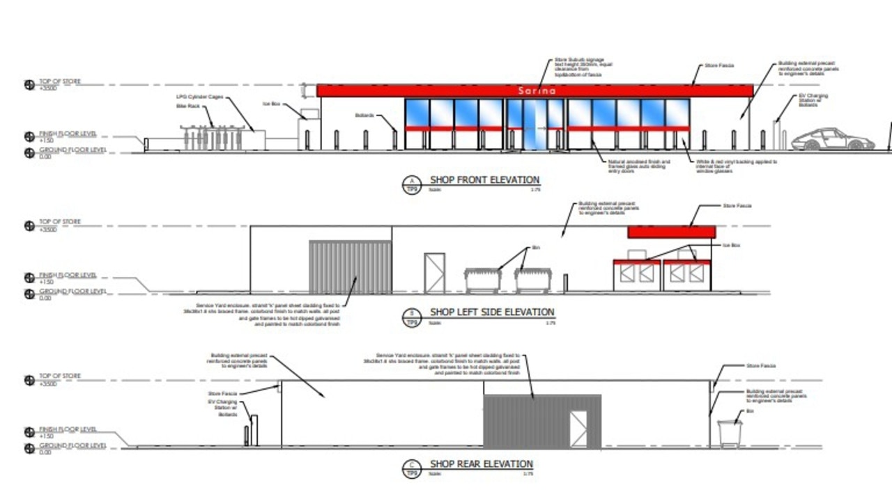 Rendered images show plans for the exterior of the new truck stop.