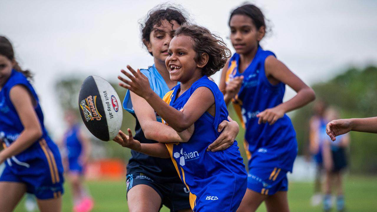 Under-10s compete in the first Darwin Buffaloes NTFL home game against Wanderers at Woodroffe Oval. Picture: Pema Tamang Pakhrin