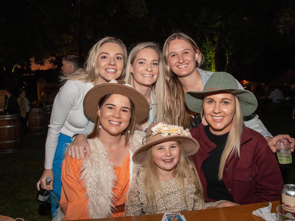 Enjoying the festival, back row, from left; Bree McCarthy, Chantal Frohloff, Melanie Lloyd and front; Katie May, Layla May and Ash May. Festival of Food and Wine, Queens Park, Toowoomba Carnival of Flowers. Friday September 9, 2022 Picture: Bev Lacey