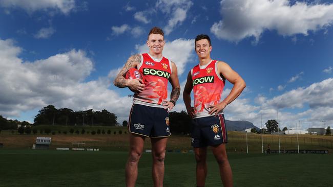 Mitch Robinson and Hugh McCluggage at the Twin Ovals in Kingston.  Brisbane Lions Football Club in Tasmania on a pre-season training camp.  Picture: NIKKI DAVIS-JONES