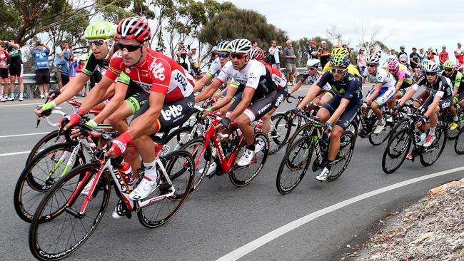 Cyclists ride up Belair Rd during the 2015 Tour Down Under. Picture: Sarah Reed