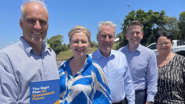 LNP commits $20m for upgrades to Mackay-Bucasia Road on October 1, 2024, alongside Mackay's mayor and deputy mayor at the Golf Links Road intersection. (L-R) Nigel Dalton, LNP candidate for Mackay, Whitsunday MP Amanda Camm, Mackay mayor Greg Williamson, LNP deputy leader Jarrod Bleijie, Mackay deputy mayor Karen May).