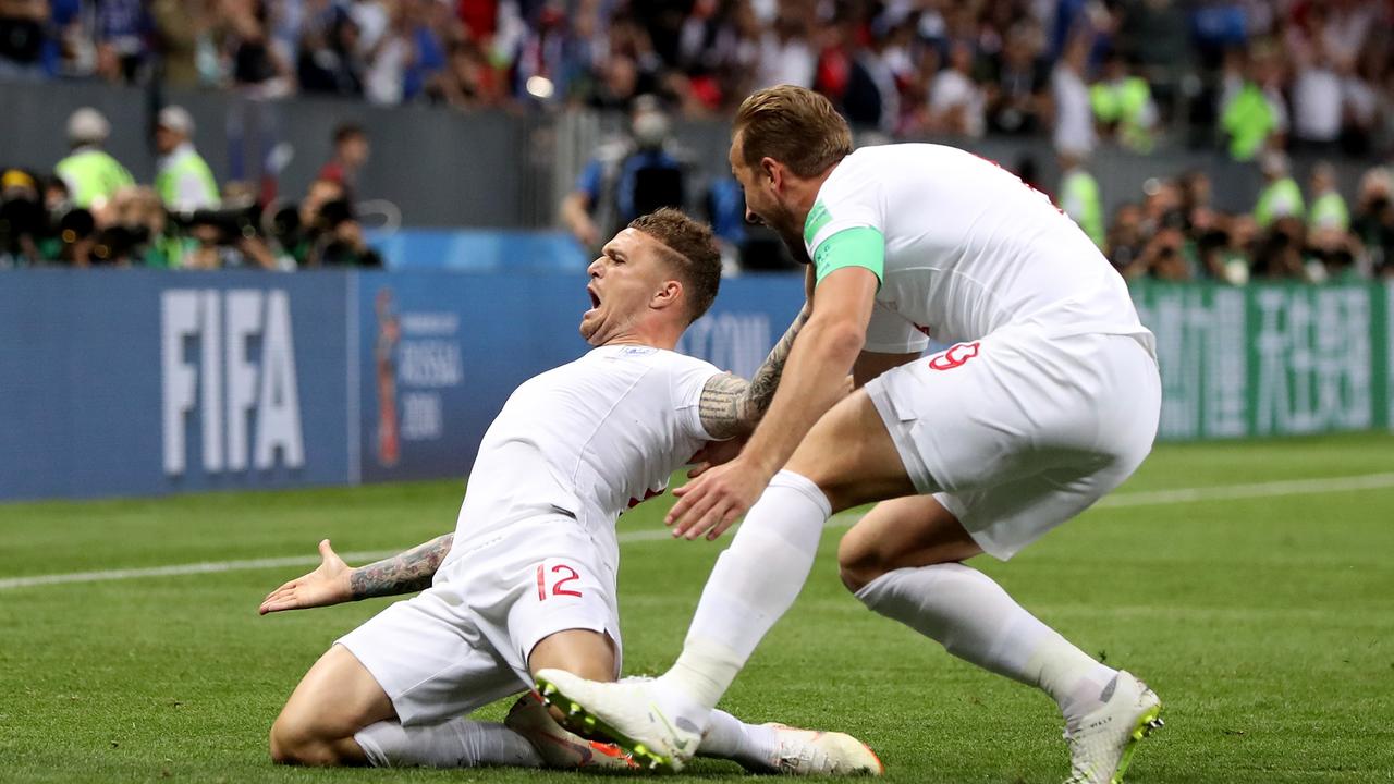 Kieran Trippier celebrates scoring for England in their World Cup semi-final against Croatia last year. Now he could be set for more Madrid clashes against Croatian superstar Luka Modric. (Photo by Ryan Pierse/Getty Images)