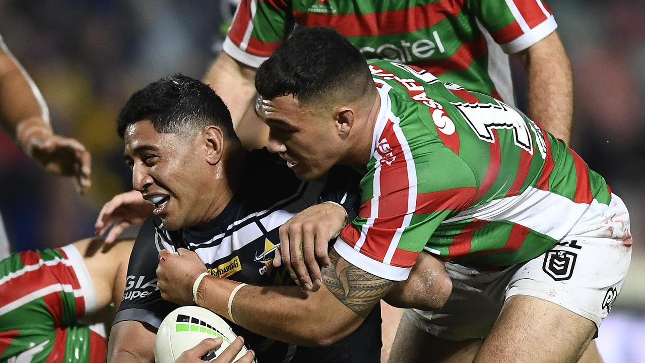 Jason Taumalolo is smothered by the Bunnies